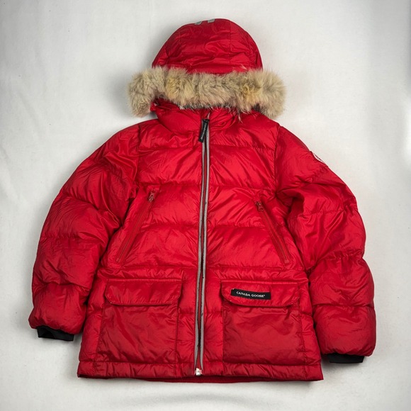 Canada Goose Kids Red Pbi Expedition Down Parka Fur Hood M/M 10-12 Jacket